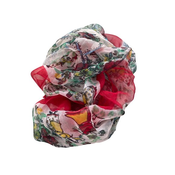 Vintage Floral Sheer Square Scarf Red White Folk Art Bandana Neck Wrap - Picture 3 of 4